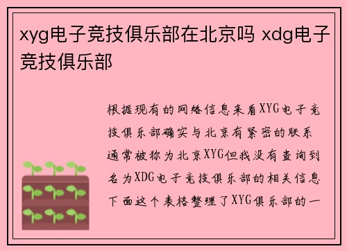 xyg电子竞技俱乐部在北京吗 xdg电子竞技俱乐部