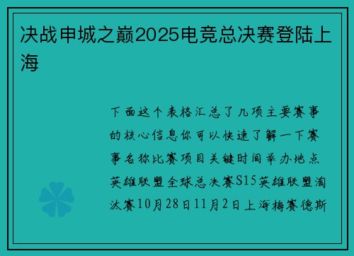 决战申城之巅2025电竞总决赛登陆上海
